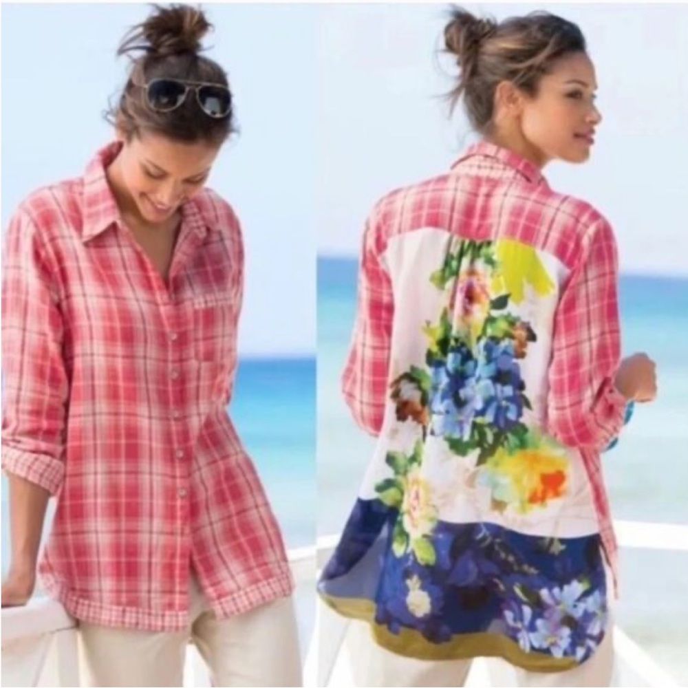 Soft Surroundings | Womens Pink/Cream Plaid Kaolin Button-Down Top Floral Back M